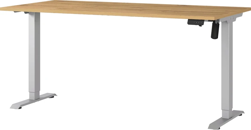 Germania Desk 8024-638, in Grandson-oak repro/Silver, electr. height-adjustable, single-engined, 160 x 119 x 80 cm (WxHxD)