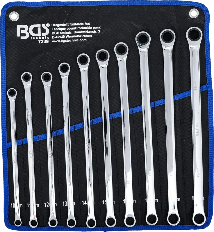 BGS 7239 | Ratchet Ring Wrench and Ring Spanner Set | Extra Long | 10-19 mm | 10 pcs.