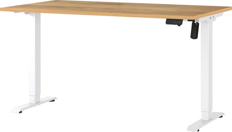 Germania Desk 8023-242, in Navarra-oak repro/White, electr. height-adjustable, single-engined, 140 x 119 x 80 cm (WxHxD)