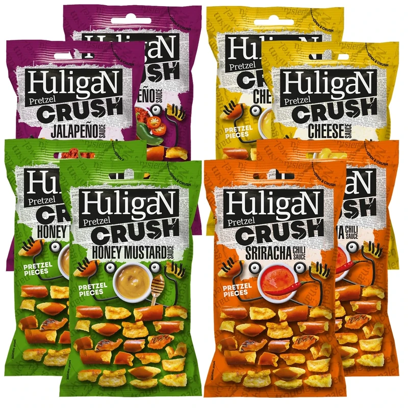 Huligan Pretzels Pieces Multipack Crisps 65g x Pack of 8 - Baked Pretzel Thins Savoury Snacks Bulk Healthy Vegetarian Snack Box Honey Mustard, Sriracha Sauce, Cheese, Jalepenos Crisps Multipack