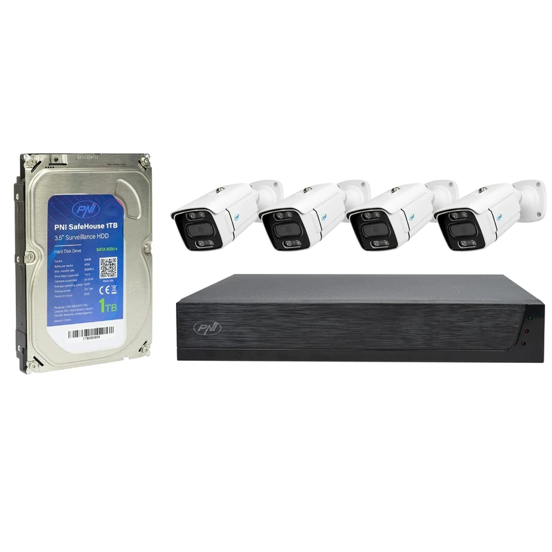 PNI House IPMAX POE 3LR video surveillance kit, NVR with 4 POE ports with 4 3MP IP cameras, outdoor and PNI SafeHouse 1TB HDD included