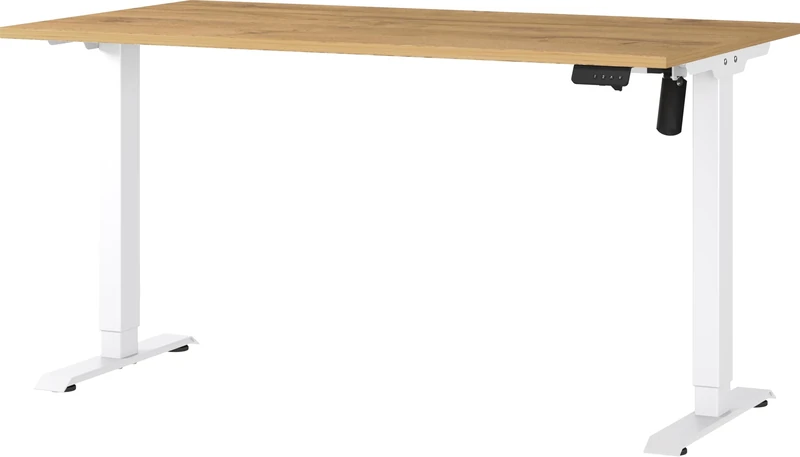 Germania Desk 8023-552, in Grandson-oak repro/White, electr. height-adjustable, single-engined, 140 x 119 x 80 cm (WxHxD)