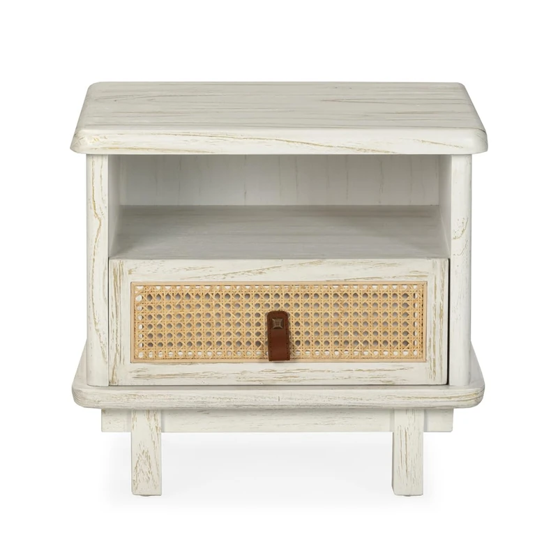 AlexandreHouse Mesita de Noche 47x47x62 - Blanco y Ratan