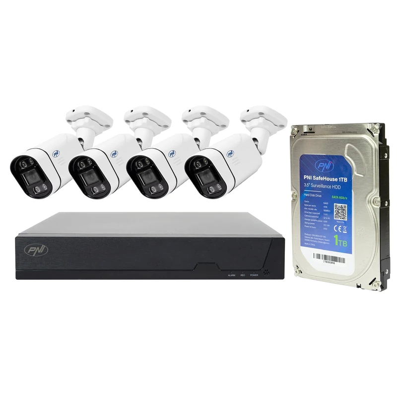 POE video surveillance package PNI House IPMAX POE 5, NVR, 4 cameras with 5MP IP and PNI SafeHouse 1TB HDD included