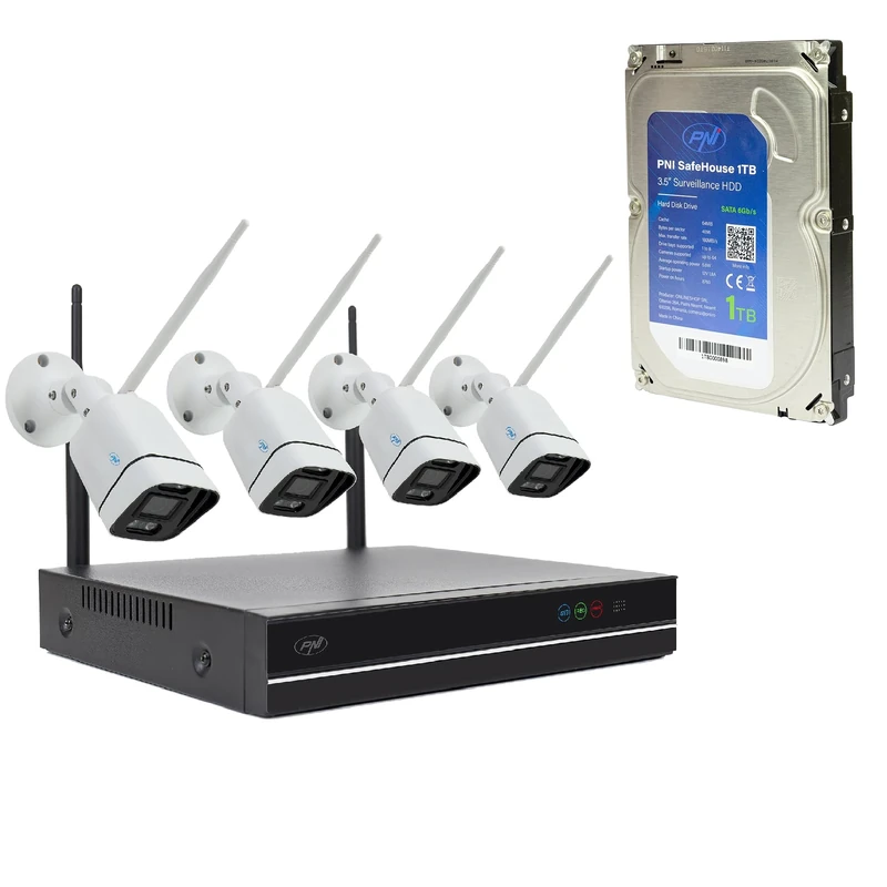 PNI House WiFi660 NVR video surveillance package with 4 wireless cameras, 3MP and PNI SafeHouse 1TB HDD, 3.5" included