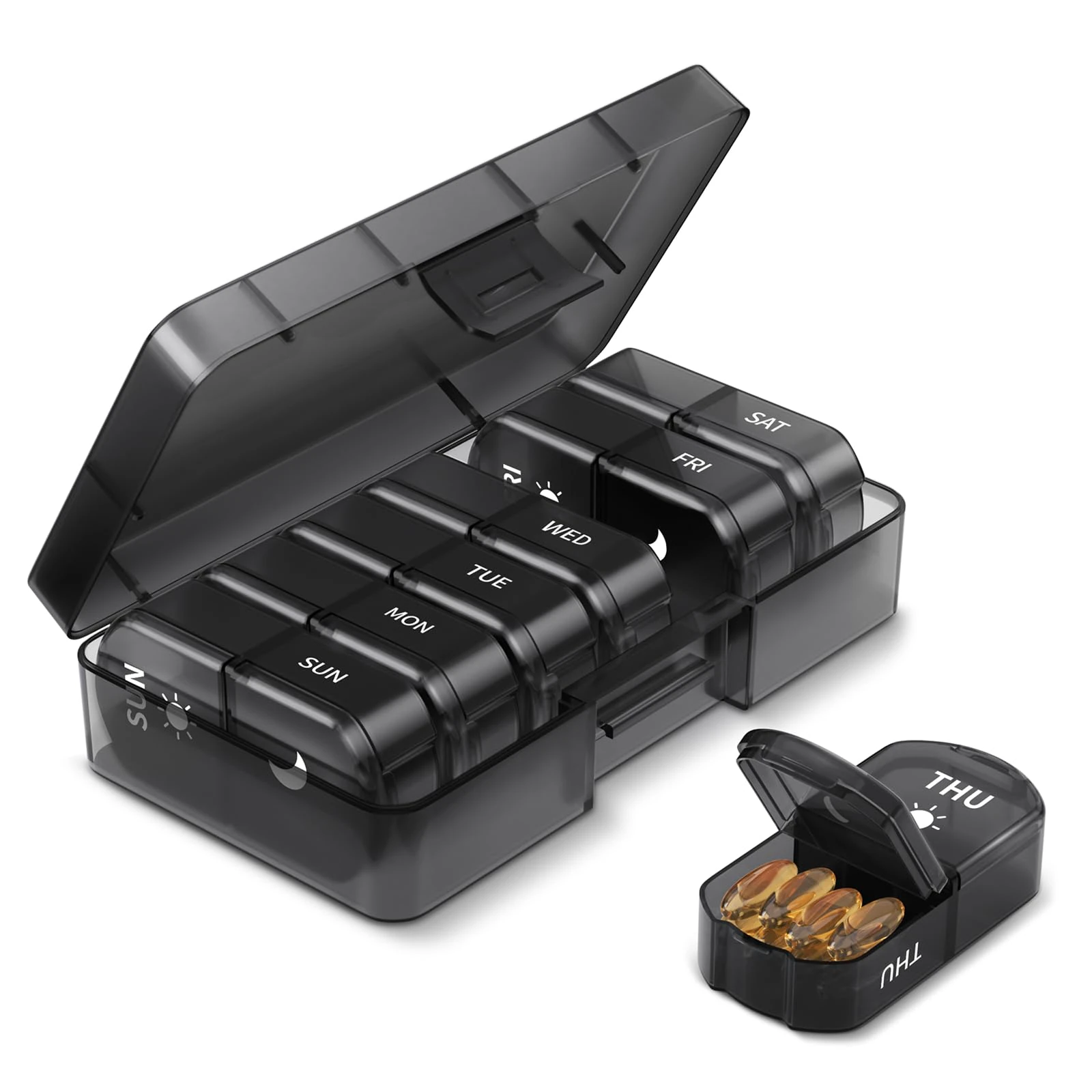 Opret Pill Organiser 7 Day, Weekly Pill Box 2 Times a Day for AM PM, Travel Tablet Organiser with 14 Large Compartments, for Vitamins Supplements Medication (Black)