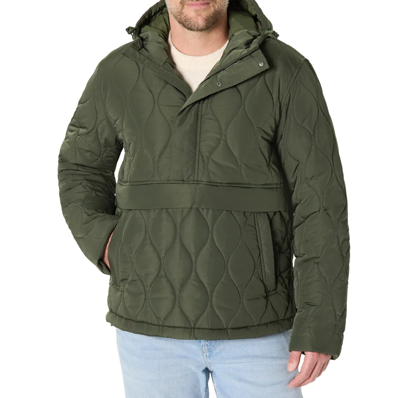 Amazon Essentials Men's Insulated Water-Resistant Hooded Quarter-Zip Puffer Coat, Dark Olive, L