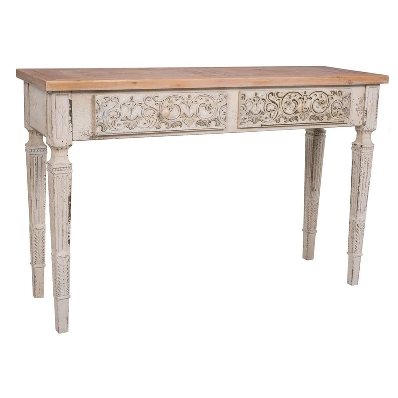 AlexandreHouse Recibidor de madera blanco envejecidoido y natural de 2 cajones