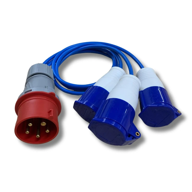 3 Phase Splitter Converter 32A 5 Pin 415V To 3 x 16A 3 Pin 230V Sockets 5–3 Pin Adaptor – Arctic Grade Flexible Cable (0.5 Metre)