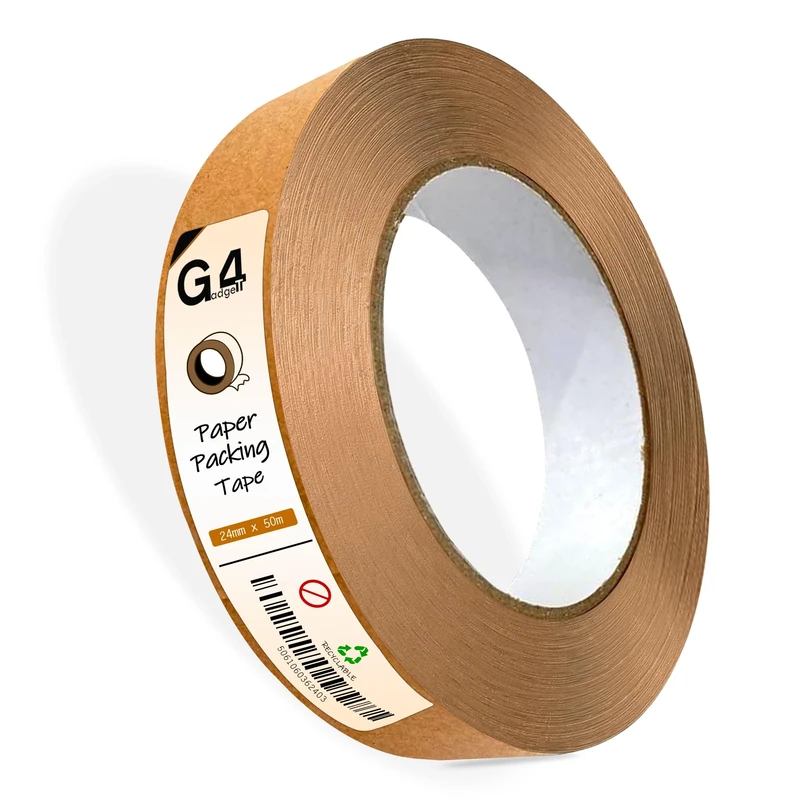 G4GADGET Kraft Paper Packing Tape 24mm x 50m | Strong Brown Paper Tape for Parcel Packing, Picture Framing & Moving Boxes | Eco-Friendly & Recyclable