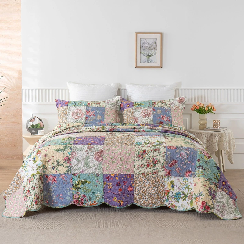 YAYIDAY Quilt King Size Patchwork Bedspread Set - 100% Cotton Reversible Breathable Floral Quilted Quilt with Pillow Shams Fit All Season
