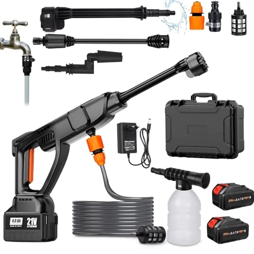 TOPALL Cordless Pressure Washer Max 45 Bar/652PSI,Portable Pressure Washer Battery Powered with 2*4Ah Batteries,8.5M Hose,6-in-1 Nozzle,Portable Cordless Jet Wash for Car,Floor,Garden Cleaning,TP-02