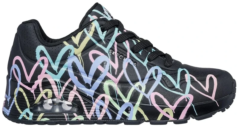 Skechers Women's Uno Spread The Love Sneaker, Black Purple Turquoise Durabuck/Black Mesh, 3 UK