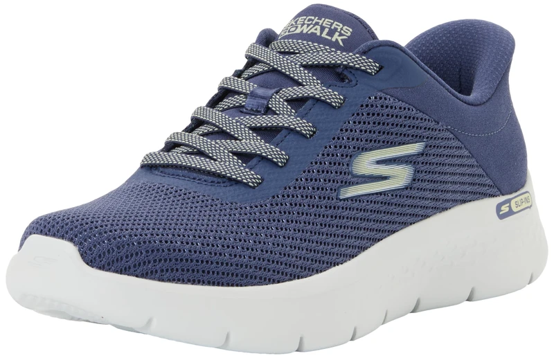 Skechers Women's Go Walk Flex Carla Slip-On Sneakers, Blue Textile/Green Trim, 4.5 UK