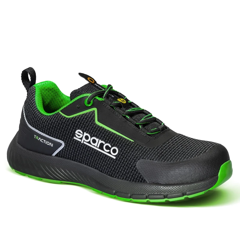Sparco - Traction - Safety Shoes for Men and Women - Work Shoes Non-Slip and Resistant - Safety Footwear in Sports Style, Black Green Fluo, 10 UK