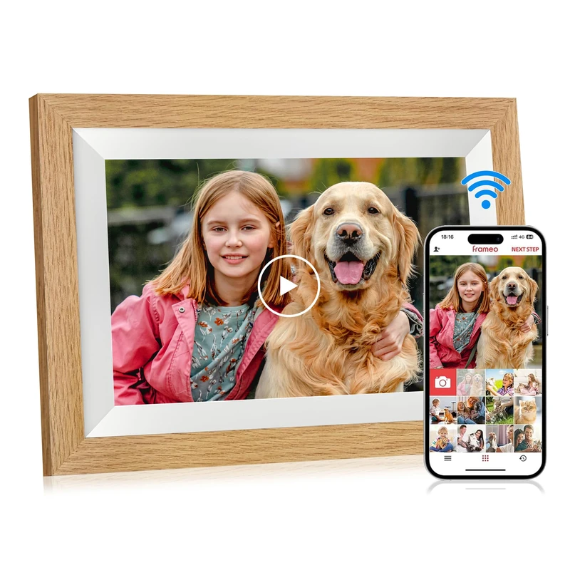 Digital Photo Frame Wifi 10.1 inch Oak Wood Frame, Smart Electronic Digital Picture Frame 32GB Memory, 1280 * 800 HD IPS Touchscreen, Share Photos & Videos via Frameo APP, Gift for Women/Men