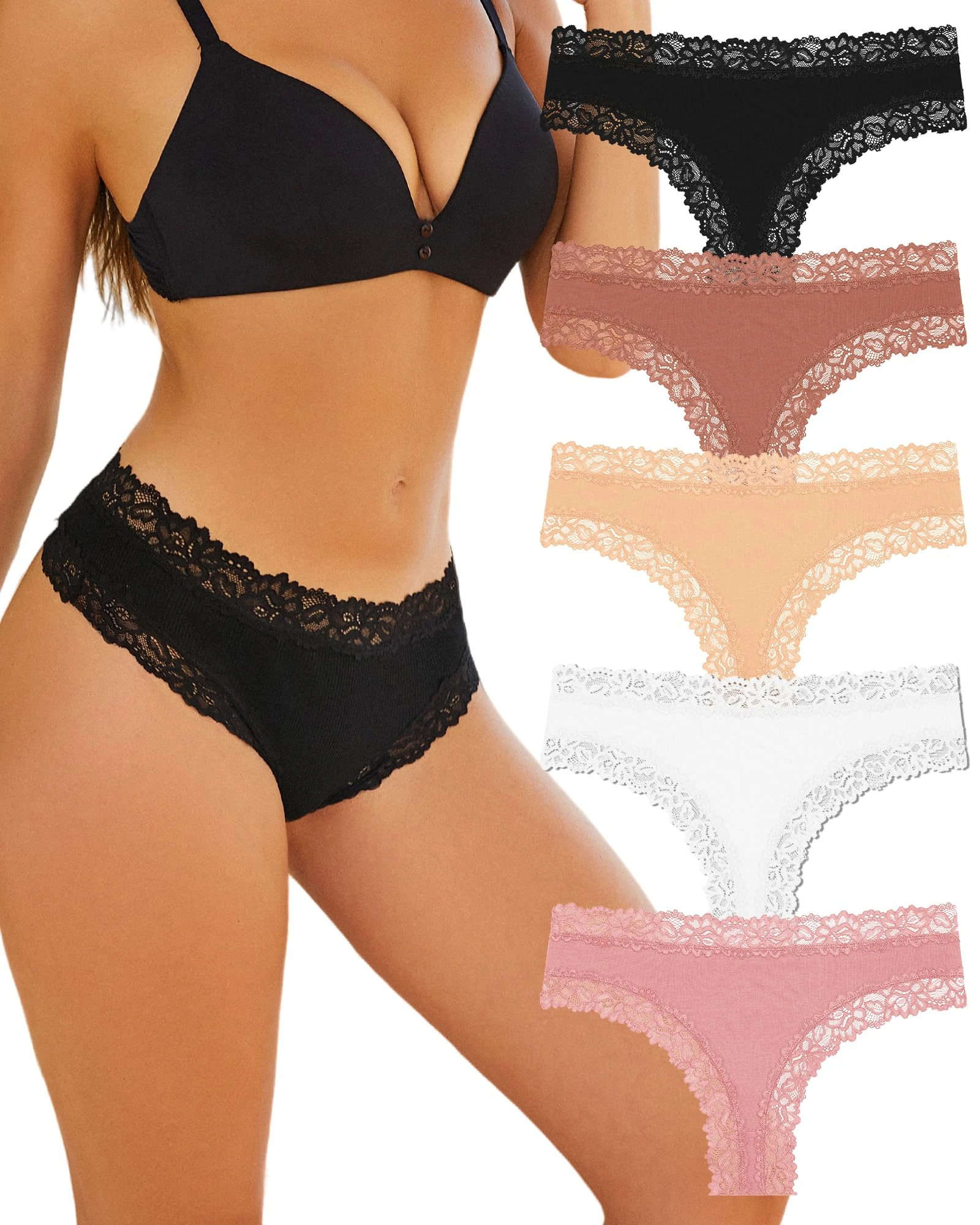 ALL OF SHE Cotton Underwear Women Lace Women's Knickers Brazilian Ladies Briefs Sexy Hipster Panties Soft Pants Multipack Pack of 5-M