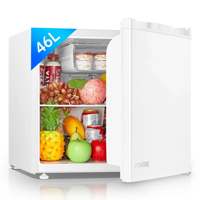 FOHERE Table Top Larder Mini Fridge 46L Capacity, Quiet Running 42dB, Reversible Door, Ice Box, Manual Temperature Control, White