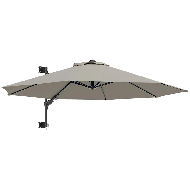 Outsunny 3 M Wall Mounted Garden Parasol Umbrella with Rotate, Outdoor Market Umbrella Sun Shade Canopy with 8 Ribs, Light Grey
