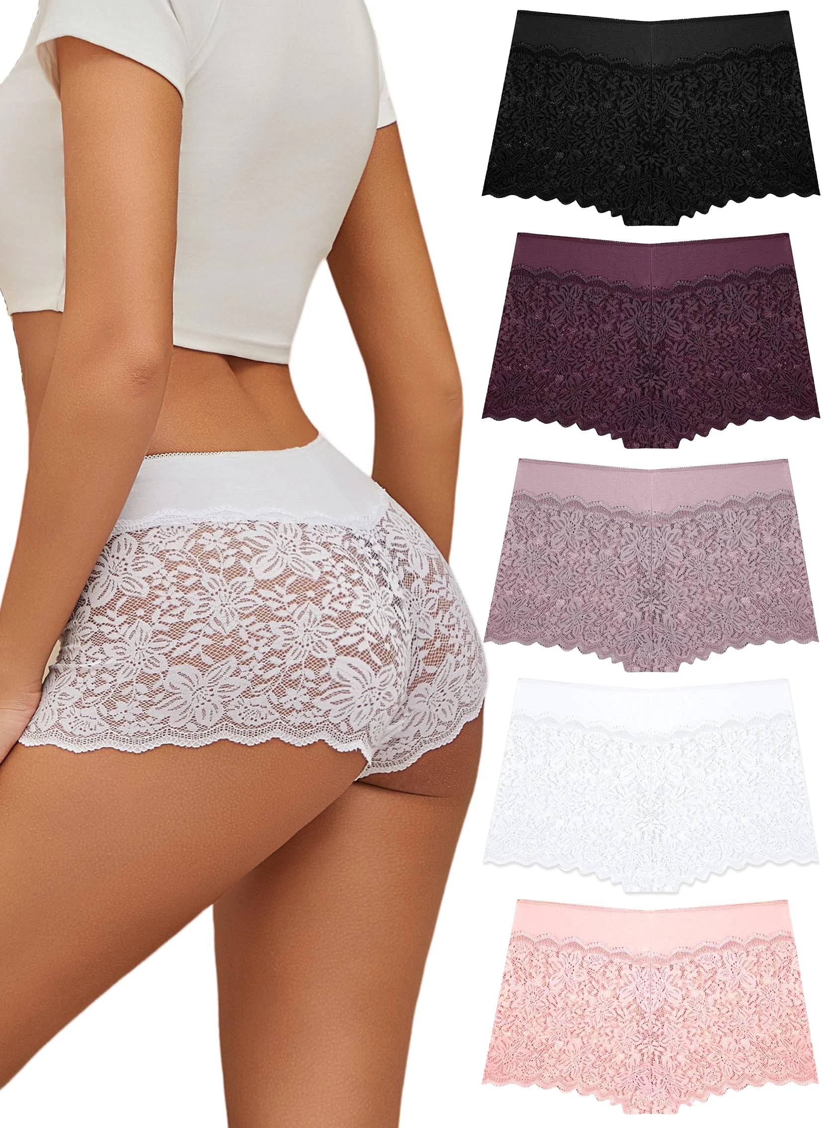 ALL OF SHE Pack of 5 Women's Knickers Lace Underwear Women Stretch Womens Boxers Panties Elasticated cotton waistband M