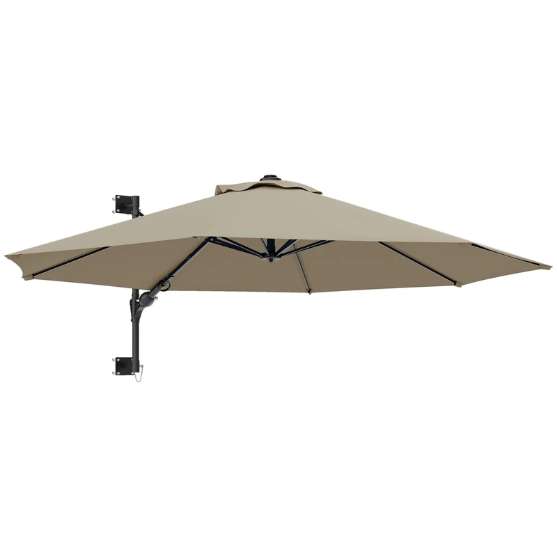 Outsunny 3 M Wall Mounted Garden Parasol Umbrella with Rotate, Outdoor Market Umbrella Sun Shade Canopy with 8 Ribs, Khaki