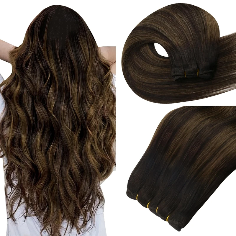 Easyouth Sew in Hair Extensions Real Human Hair Balayage Sew in Weft Hair Extensions Human Hair Balayage Darkest Brown Mixed with Light Brown Hair Weft Extension 16Inch 100G