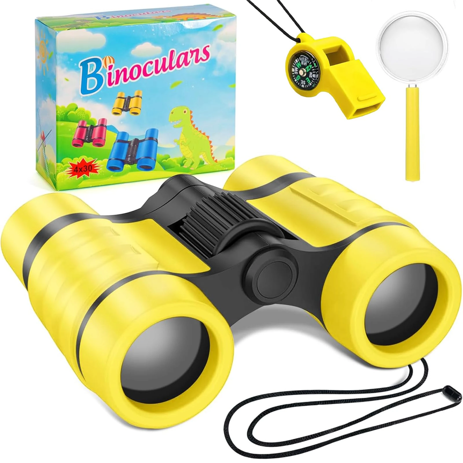 Kids Binoculars Set with 4x30 Magnification, IncludesTelescope, Magnifying Glass, and Compass Whistle, Perfect for Outdoor Exploration, Educational Toy Gift for Boys and Girls Aged 3-12 (Yellow)