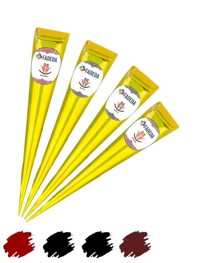 4 x FADEDA Henna Cones, 4 x 25 g Natural Paste, 2 x Black, 1 x Natural Brown, 1 x Chestnut Brown, 100% Plant-Based, Ready to Use and without PPD