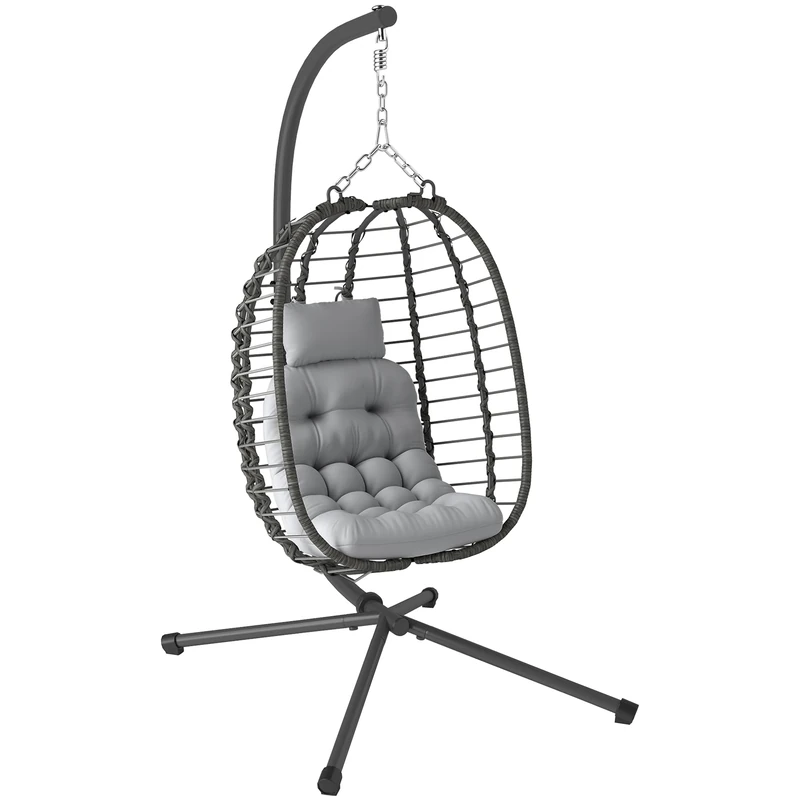 Outsunny Rattan Hanging Egg Chair, Foldable Wicker Hammock Swing Chair with Cushion, Stand, Adjustable Height, Head Pillow, Steel Frame for Garden Patio Indoor Outdoor, Light Grey