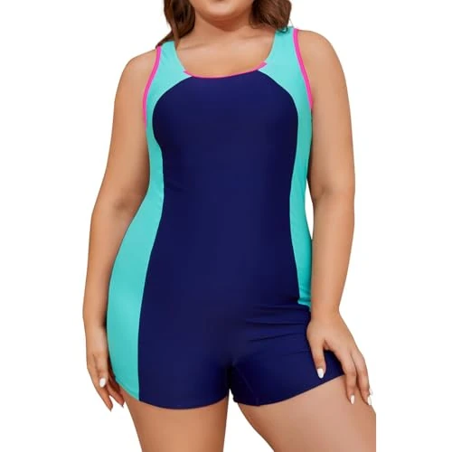 Women Plus Size One Piece Athletic Bathing Suit Boyleg One Piece Swimsuit Sporty Plus Size 1 Piece Swimwear, Navy Blue Sea Blue, 3X-Large