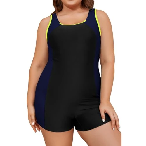 Generic Plus Size One Piece Athletic Swimsuit Boyleg Black/Blue 3X