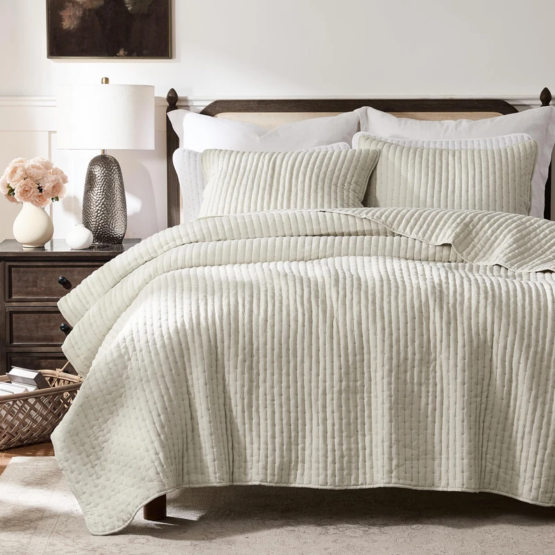 WDCOZY Beige Cross Stitch King Size Quilt Set, Netural Striped Lightweight Soft Bedspread, Channel Farmhouse Rustic Coverlet, All Season Country Bedding, Thin Comforter