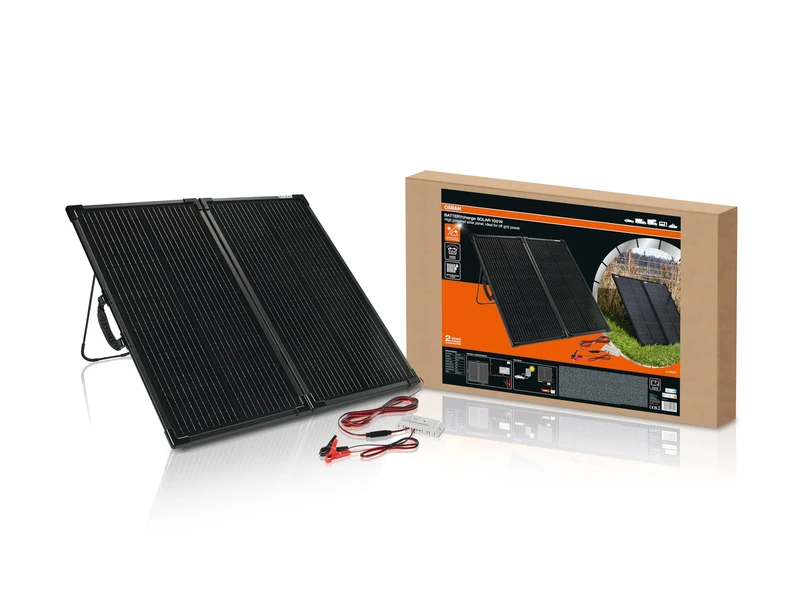 OSRAM BATTERYcharge SOLAR 100W, portable solar panel for off-grid power, battery maintainer, foldable solar panel with integrated stand, over-charge protection