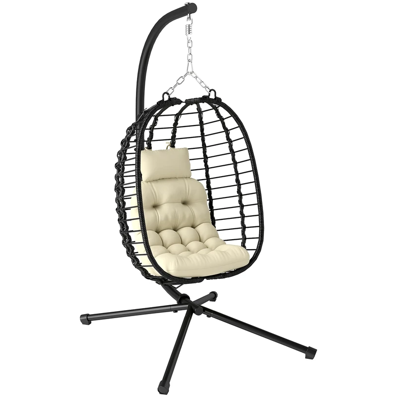 Outsunny Rattan Hanging Egg Chair, Foldable Wicker Hammock Swing Chair with Cushion, Stand, Adjustable Height, Head Pillow, Steel Frame for Garden Patio Indoor Outdoor, Cream White