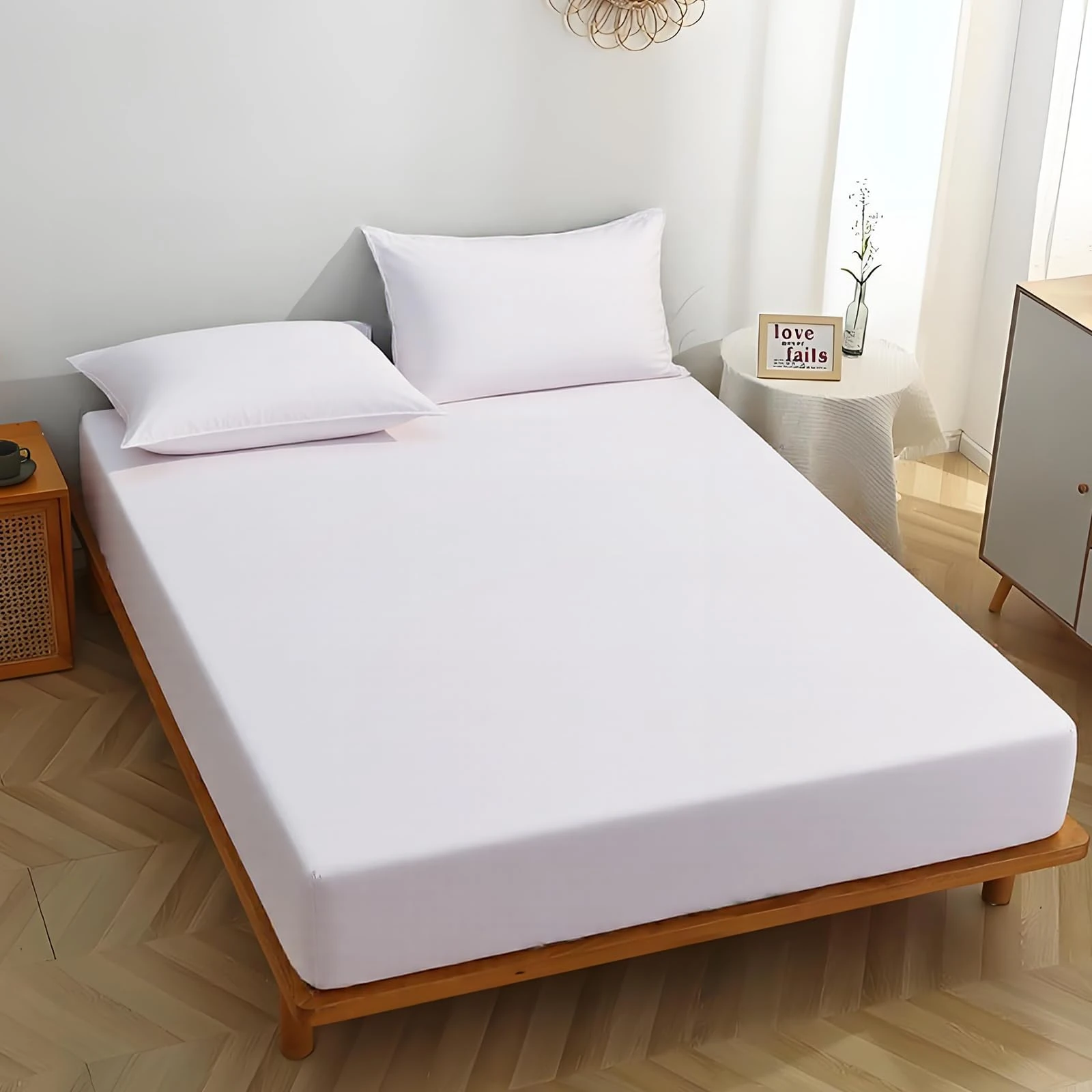 MIKI WELL Double Fitted Sheet Deep - White Bottom Sheet Extra Deep Pocket 16 inch 40 cm, Soft Microfiber Double Bed Sheet Wrinkle Resistant & Breathable