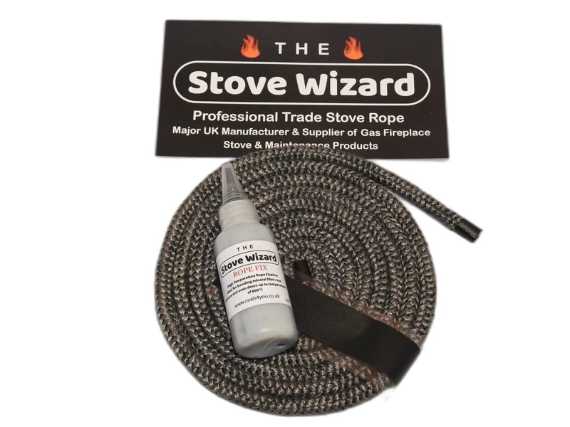The Stove Wizard Black Stove Rope Kit 14mm x 2.5m Long with Large 50ml Super Seal Adhesive Flues Glass Door Seals Wood Log Burner Multi Stove Replacement Made In The UK
