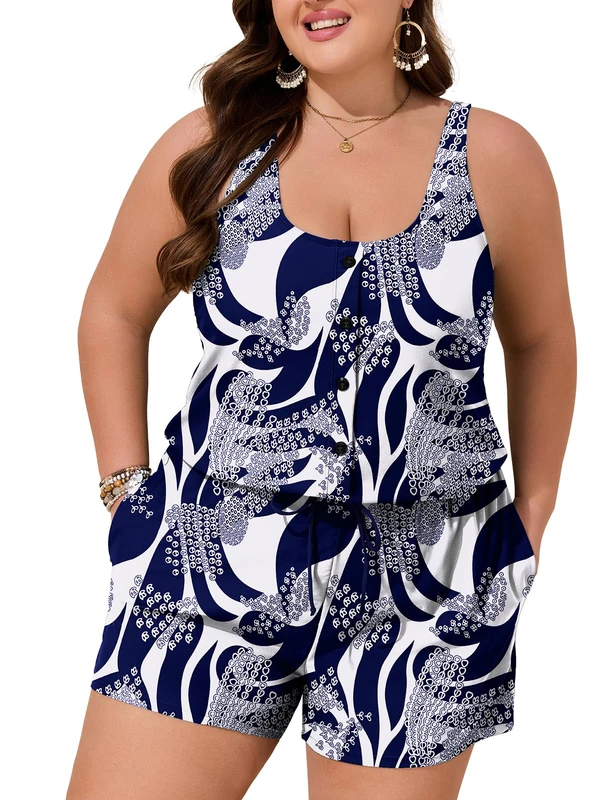 Summer Mae Plus Size Swim Romper One Piece Swimsuit Women Blouson Bathing Suit with Pockets 2025 Modest Swimwear, Indigo Tribal, 20 Plus