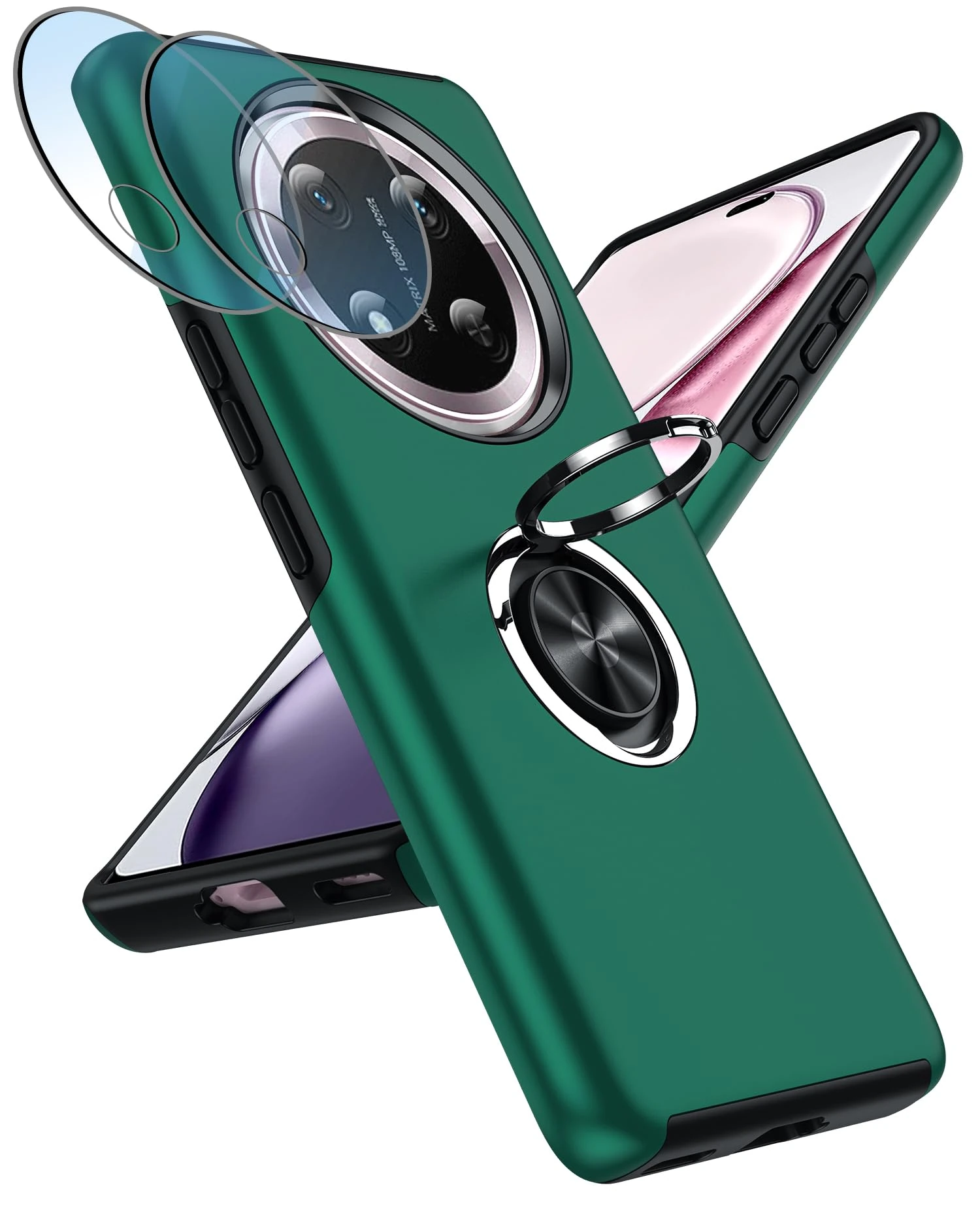 LeYi for Honor Magic 7 Lite Case with 2 Camera Lens Protectors and Invisible Metal Ring Stand Holder Design, Shockproof Protective Rugged Mobile Phone Cover for Honour Honer Magic7 Lite - Green