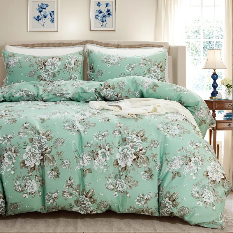 Cozaline Floral Duvet Cover Queen Size Soft 100% Nature Cotton Vintage Style Green Bedding Set with Zipper Closure 3 Pcs Cottagecore Botanical Duvet Cover, Ultra Soft, Breathable