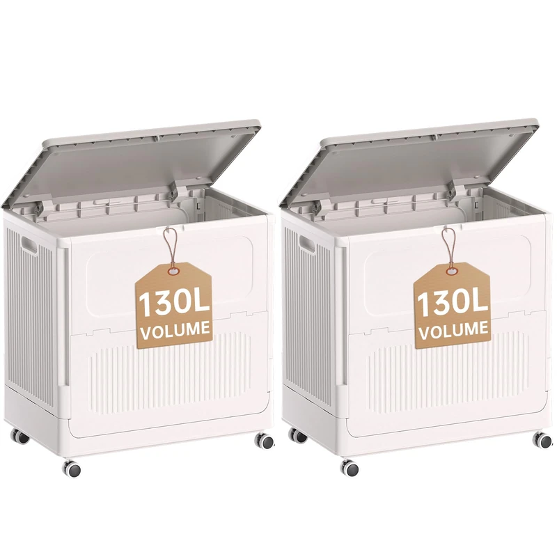 HAIXIN HOME Plastic Collapsible Laundry Hamper with Lid Wheels 130L 2 Pack