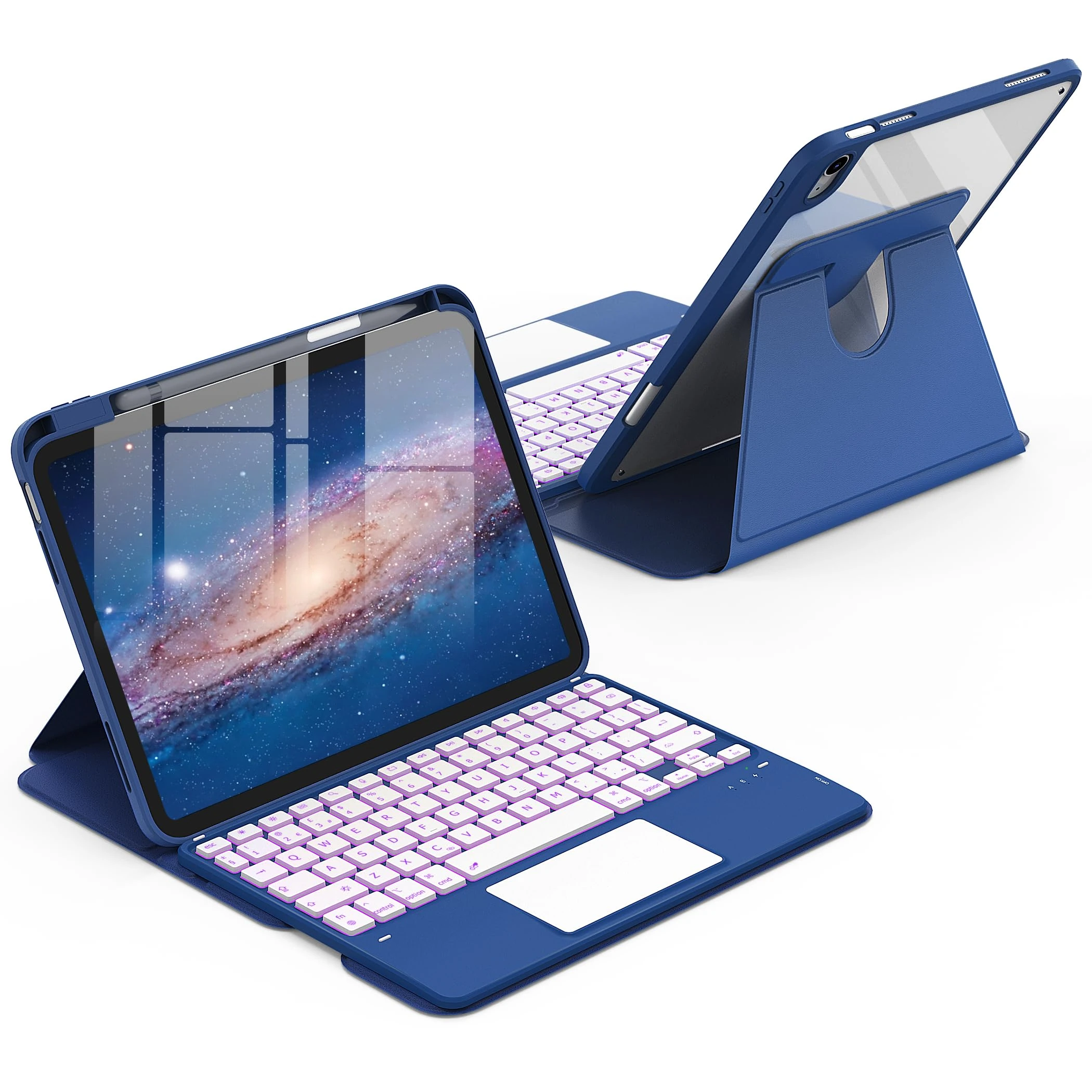 CACOE 360 Rotating Keyboard Case for iPad (A16) 11th/10th Generation (11"/10.9") 2025/2022 with Touchpad, 7-Color Backlit Detachable Wireless Keyboard Case with Support Function, Ocean Blue