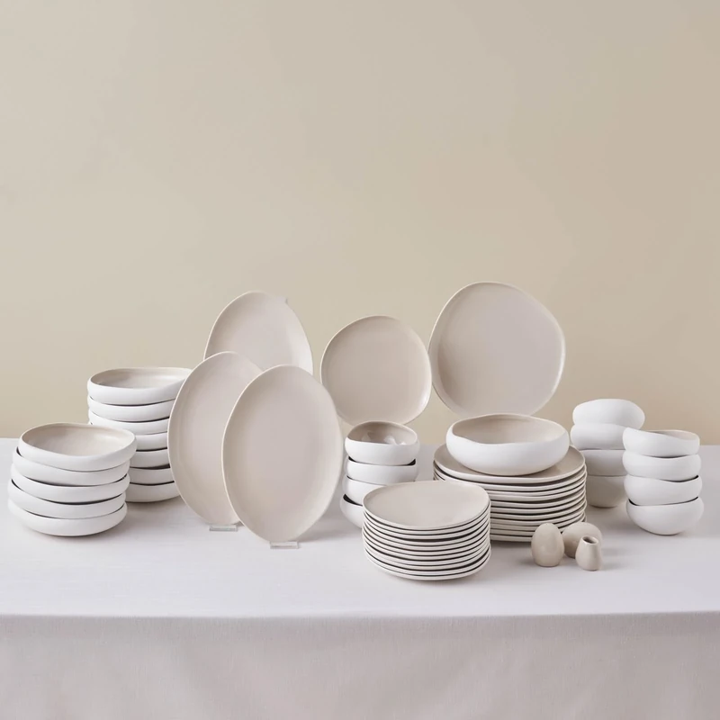 Karaca New Cupid 55-Piece Stoneware Dinnerware Set for 12 People, Cream Plate and Bowl Set, Dishwasher and Freezer Safe, Complete Dinnerware Set, Earth Collection