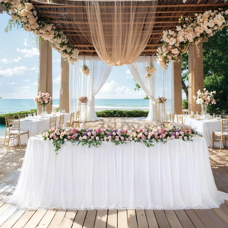 White Table Cloths 8 Foot Rectangle Stretch Ruffle Tulle Tablecloth Spandex Fitted Table Cover for 8 Foot Tables White Tulle Table Skirts Rectangle Tables 8ft Elastic Party Wedding Table Cloths