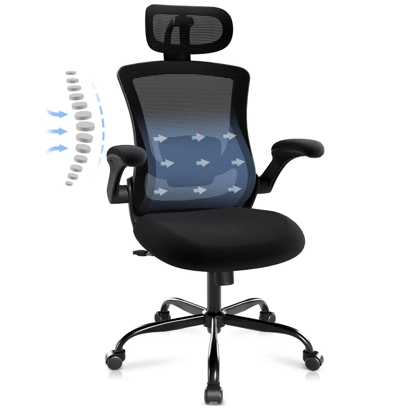 Ergonomic Office Chair with Adjustable Lumbar Support & Headrest – High Back Mesh Desk Chair with Flip-Up Armrests, Swivel Rolling Computer Chair for Home Office, Breathable & BIFMA Certified, Black