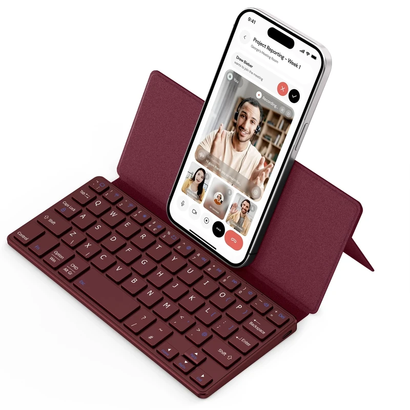 CACOE Dual-Channel Bluetooth Mini Keyboard, Portable Wireless Keyboard With Stand for Phone, iPad Mini, Samsung, Ultra-Thin Foldable Compatibel With iOS, Android and Windows, Claret