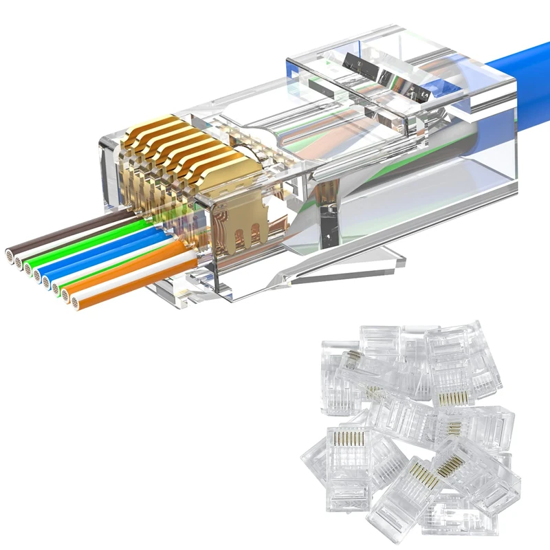 MOGOOD RJ45 straight connector, 10 Pack Cat 6 unshielded Ethernet plug, gold-plated crimped LAN network plug, suitable for solid or twisted UTP Ethernet cables