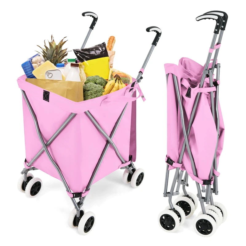 GiantexUK 90L Folding Shopping Trolley on 8 Wheels, Metal Frame Shopping Cart with Large Waterproof Bag and Ergonomic Handles, Lightweight Mobile Grocery Trolley for Home Laundry Supermarket (Pink)