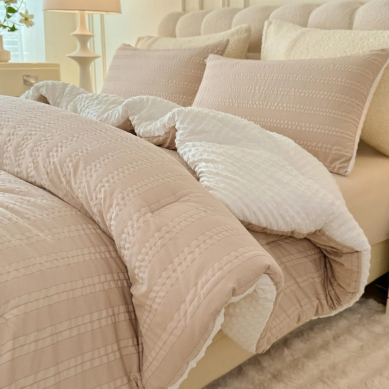 tohrisa Boho Comforter Set Full Size Striped Pleats Bohemian Seersucker Bedding Set All Season Soft Cozy 3 Pieces Quilt with 2 Pillowcases(80"X90" Beige)