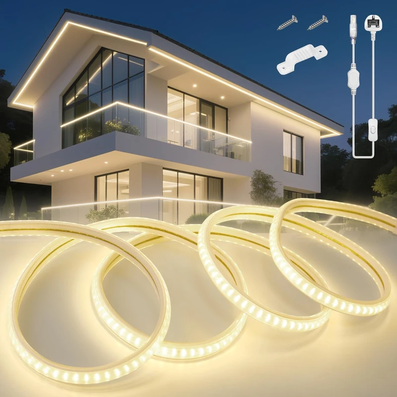 KSIBNW LED Strip Light 20M Waterproof Outdoor Garden, 220V 240V Neon Outside LED Light Strips Cuttable Rope Lights Flexible Neon Rope for Kitchen Cupboard Decking Outdoor Indoor Decor, Natural White