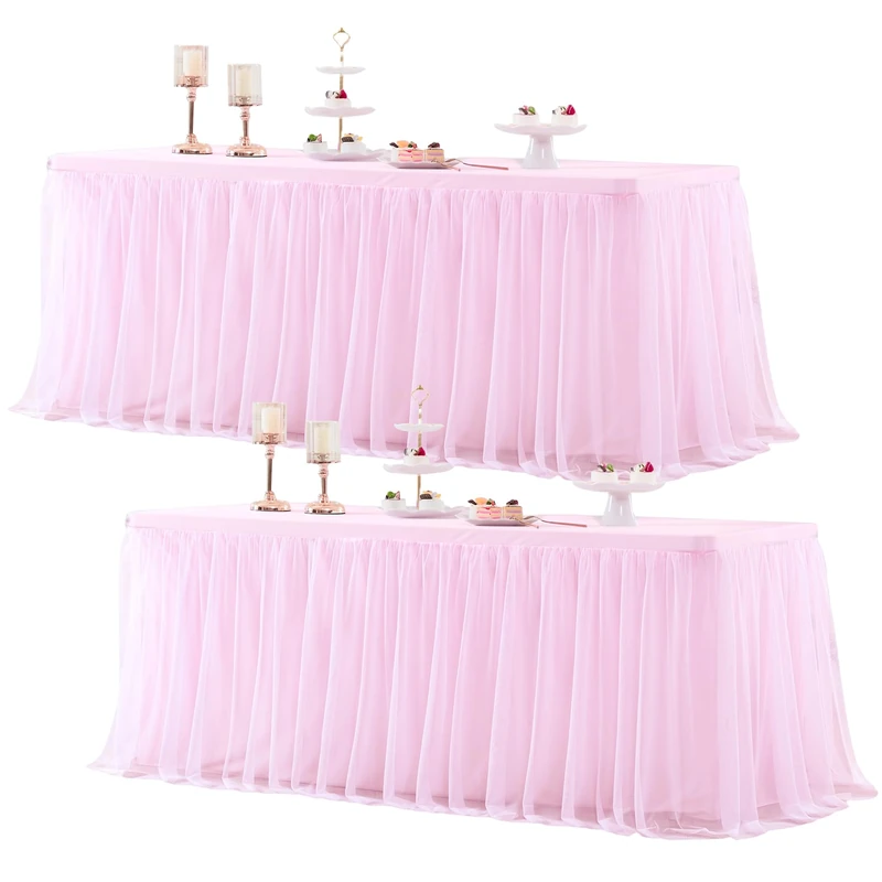 Pink Tulle Tablecloth for 8 Foot Rectangle Table, Light Pink Tulle Tables Skirt Cover 8ft Banquet Wedding Table Cloths Baby Shower Tutu Ruffle Tables Skirt Cloth for Party Bridal Shower
